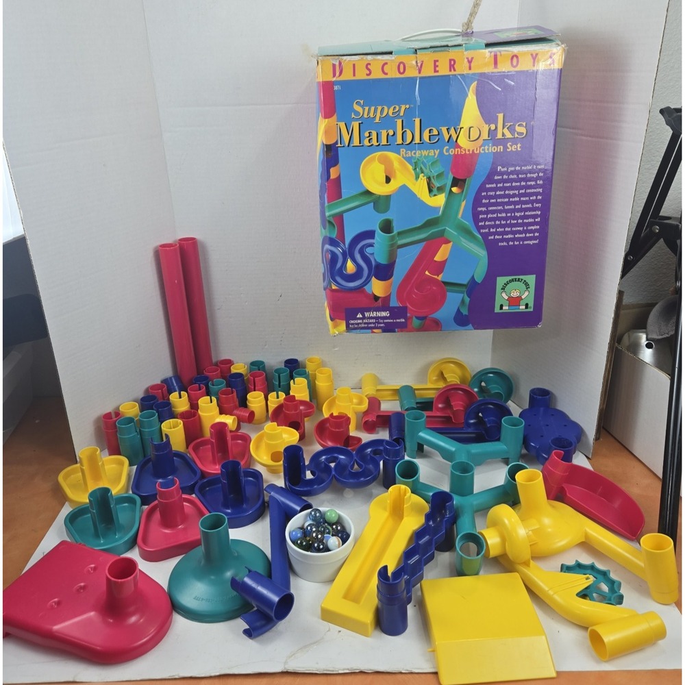 Vtg 1997 Discovery Toys Super Marbleworks Raceway Box COMPLETE 59pc + 50 Marbles